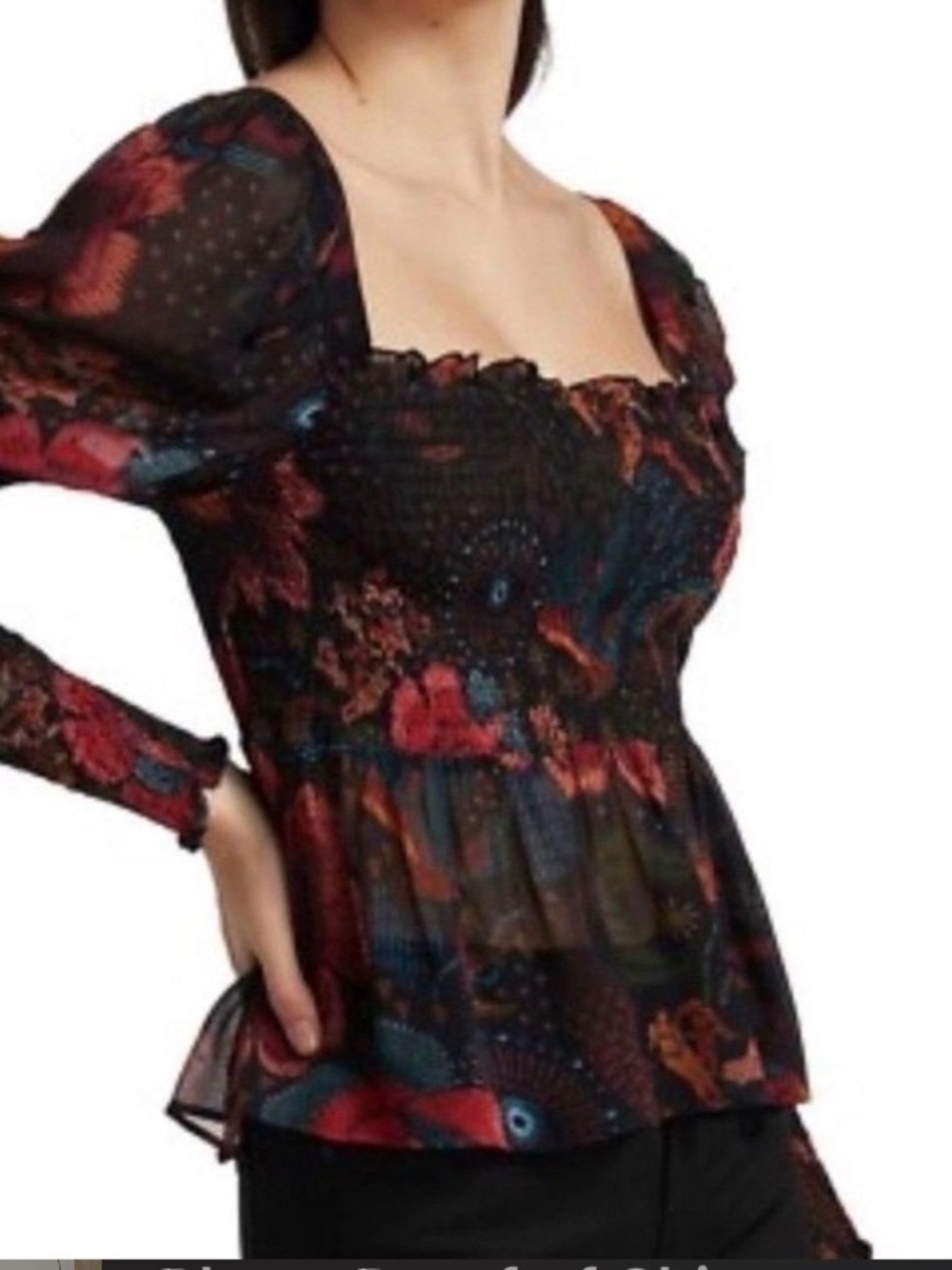 FARM Rio Black Multi Smocked Chiffon Square-Neck Floral Blouse